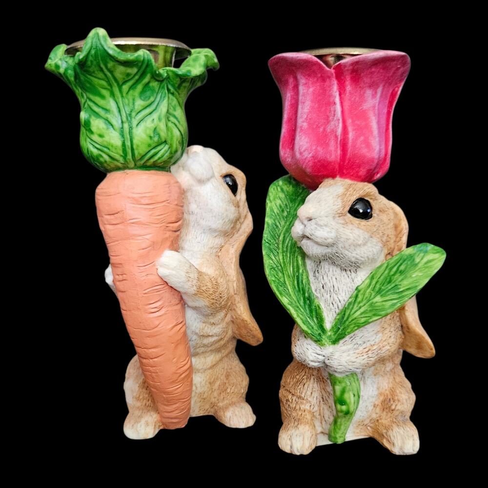 Pair Bunny Rabbit Carrot Tulip Candle Holders Spring Easter Cottage Decor